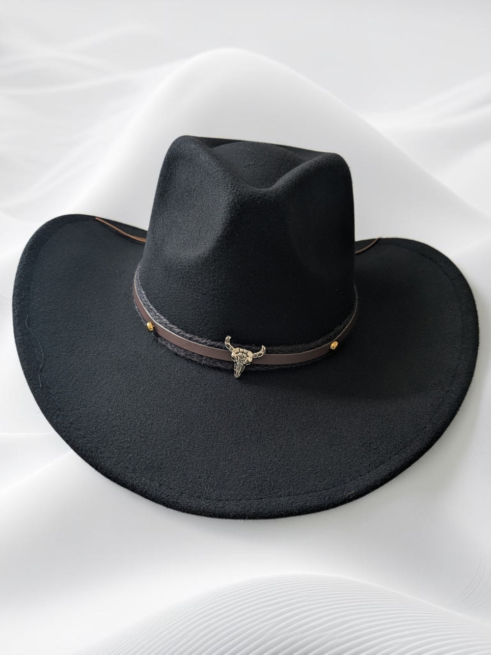 Black & Carmel Western Cowboy Hat Wide Brim Western Rodeo with Bull Skull Accent